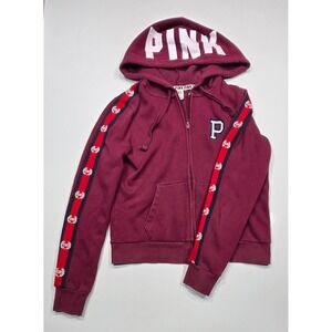 PINK Victoria's Secret Full Zip Hoodie Burgundy‎ Graphic Sleeve Small S Women